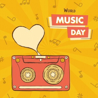 Dünya Müzik Günü, renkli el çizimi çizgi film tarzında klasik kaset çalar illüstrasyonunu kutluyor. Tatil etkinliği için 80 'lerin müzik konsepti.