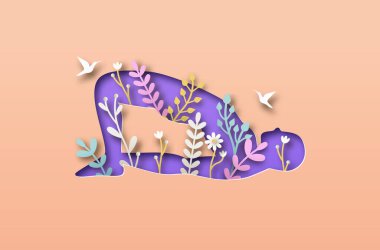 Kadın silueti yoga pozu veriyor. Doğa yaprağı dekorasyonu ile sağlıklı fitness yaşam tarzı konsepti. Sağlık için Asana meditasyonu.