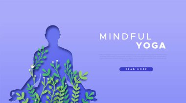 Kağıt kesim yoga ağı tasviri gerçekçi 3 boyutlu yeşil bitkiler ve nilüfer çiçeği pozu veren kağıt ustası. İnternet sayfası geçmişi için doğal sağlık yaşam tarzı veya ruhsal bağlantı kavramı. 