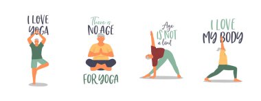 Yoga yapan yaşlı insanlar motivasyon alıntıları ve olumlu ilham mektuplarıyla poz veriyorlar. Sağlıklı yaşlı yaşam tarzı kavramı.