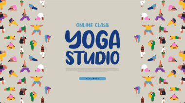 İnternetteki sanal beden eğitimi konsepti için yoga stüdyosu web şablonu çizimi. Çeşitli gençler egzersiz yapıyor, İnternet fitness sayfası arka planı.