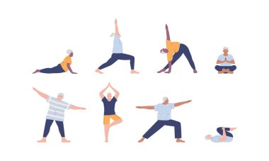 Farklı yoga pozları veren bir grup yaşlı insan. İzole edilmiş arka planda yaşlı büyükbaba karakter koleksiyonu. Son sınıf beden eğitimi, aktif yaşam tarzı konsepti..