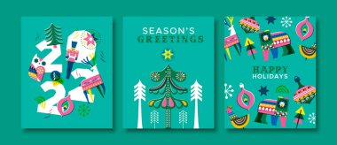 Happy holiday and new year 2022 greeting card set. Traditional vintage folk art style illustration collection. Colorful winter season decoration includes reindeer, bear, christmas tree.  clipart