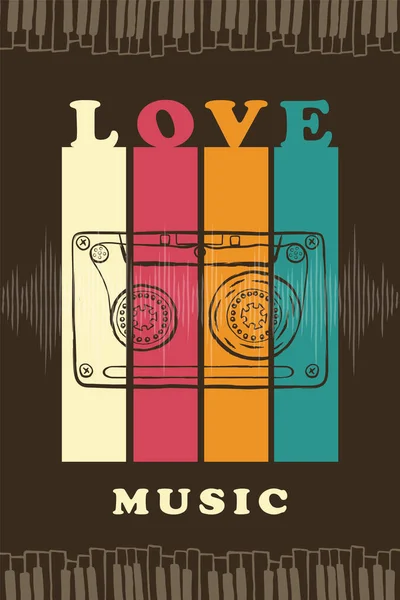 Love Music Vintage Typography Poster Illustration Mit Handgezeichnetem Kassettenband Piano — Stockvektor