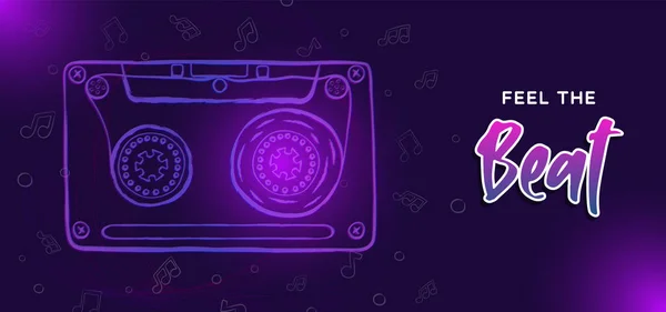 Siente Beat Web Banner Ilustración Cinta Cassette Dibujos Animados Con — Vector de stock