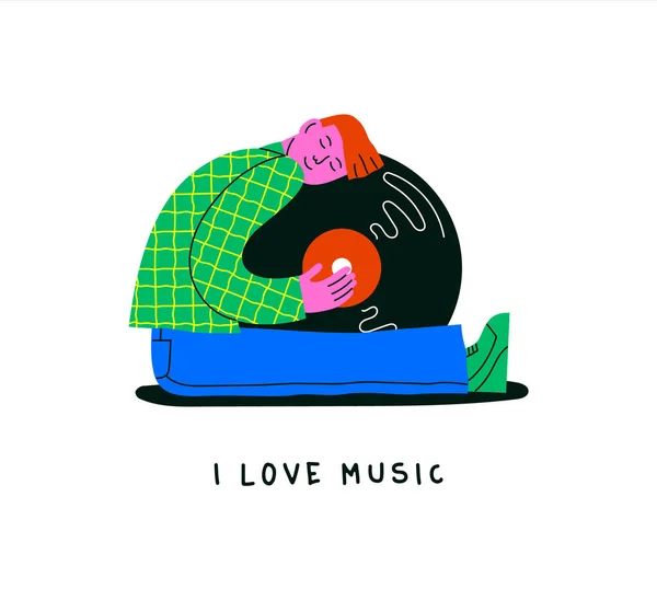 Jag Älskar Musik Isolerad Illustration Koncept Rolig Ung Man Karaktär — Stock vektor
