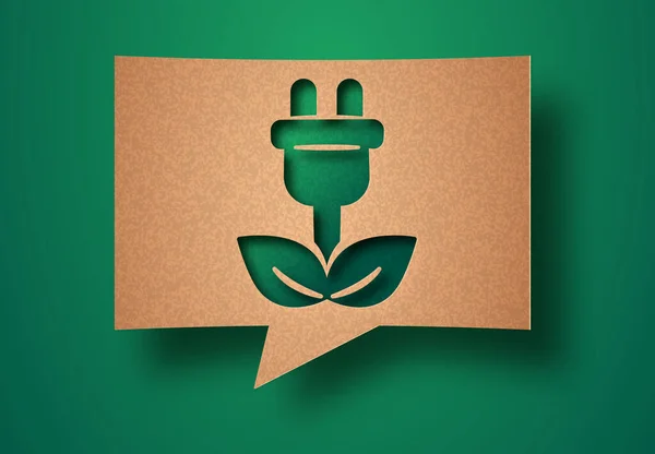 Groene Technologie Papercut Illustratie Met Plant Blad Draad Plug Milieuvriendelijk — Stockvector