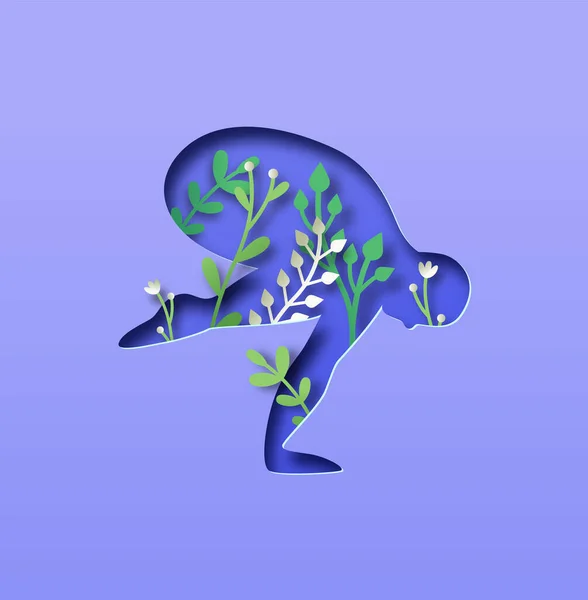 3Dペーパーカット植物の葉と花でカラスヨガのポーズを行うペーパーカット男の体のシルエット 健康的なライフスタイルや平和的なリラクゼーション状態のための自然接続の概念 — ストックベクタ