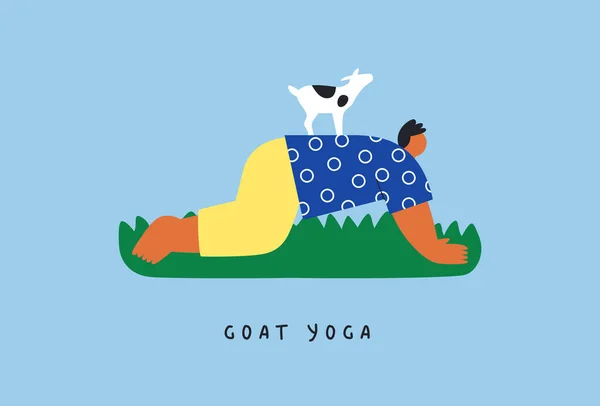 Ejercicio Yoga Cabra Ilustración Tendencia Personaje Joven Divertido Con Animal — Vector de stock