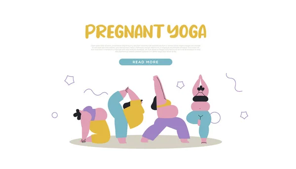 Pregnant Yoga Web Template Illustration Young Mom Team Pregnancy Belly — Stock Vector