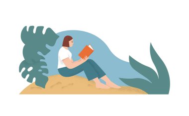 Huzurlu tropikal yaz adalarında kum ve bitki yaprağıyla kitap okuyan mutlu genç kadın karakter. İzole arka planda hayal gücü ya da seyahat illüstrasyonu kavramı.