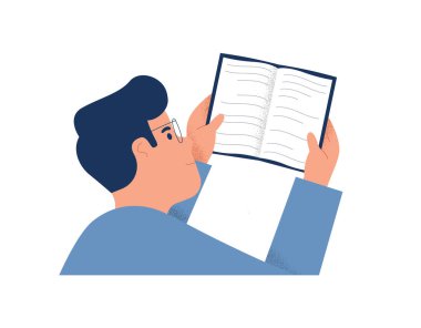 Genç adam izole edilmiş beyaz arka plan üzerine açık bir kitap okuyor. Okul ödevi konsepti veya üniversite öğrencisi tasarımı için modern düz çizgi film çizimi.