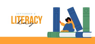 8 Eylül 'de üniversite öğrencisi konsepti veya bilgi bayramı etkinliği için kitap rafları arasındaki genç kız karakterinin tebrik kartı illüstrasyonunuz kutlu olsun..