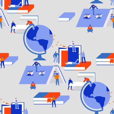 İnsanlar kusursuz örnekler içeren kitaplar okuyor. Çeşitli genç öğrenci takımları kolej işleri yapıyor ya da iş eğitimi takım çalışması karikatür geçmişi.