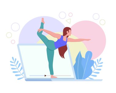 Uzaktan kumandalı sanal bilgisayar sınıfında yoga pozu veren genç bir kadın. Karantina yaşam tarzı veya sağlık egzersizi kavramı.