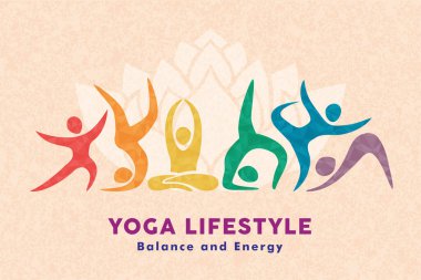 Farklı renkte insanların, soyut şekillerde meditasyon yapan yoga yaşam tarzı çizimleri. Fitness için sağlık ve vücut dengesi kavramı.