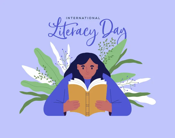 Happy Literacy Day Illustration Carte Vœux Jeune Fille Livre Lecture — Image vectorielle