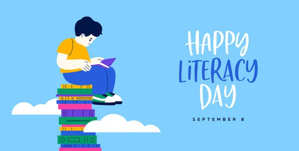 空で本を読んでいる若い男の子の幸せなリテラシーの日のグリーティングカードイラスト 学校教育の想像力9月8日の休日のイベントのコンセプト — ストックベクタ