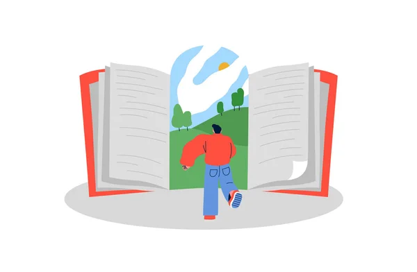 Young Man Character Running Open Book Door Imagination Landscape Creative — Stock Vector