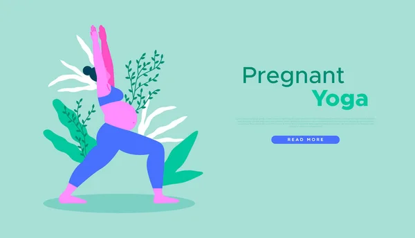 Plantilla Web Yoga Embarazada Ilustración Mamá Joven Con Hoja Planta — Vector de stock