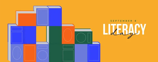 Ευτυχισμένη Ημέρα Αλφαβητισμού Ευχετήρια Κάρτα Εικονογράφηση Πολύχρωμο Σωρό Βιβλίο Ανάγνωση — Διανυσματικό Αρχείο