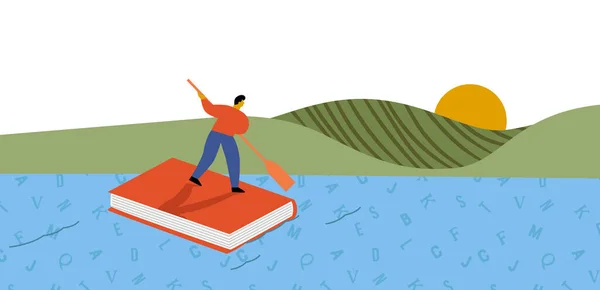 ワード川に若い男文字ボートボートを漕ぎ 現代のフラット漫画スタイルで本のコンセプトイラストを読んで — ストックベクタ