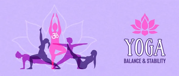 Yoga Web Banner Illustration Von Frauen Übungs Gruppe Tun Meditation — Stockvektor