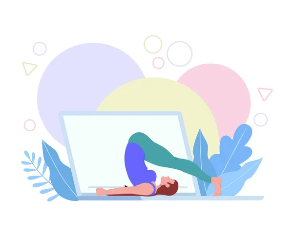 Young Woman Doing Yoga Pose Home Remote Virtual Computer Class — Stock Vector