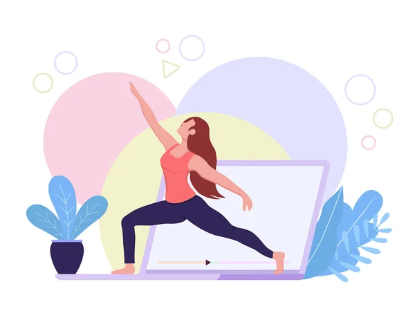 Young Woman Doing Virtual Yoga Class Home Computer Video Remote — Stock Vector