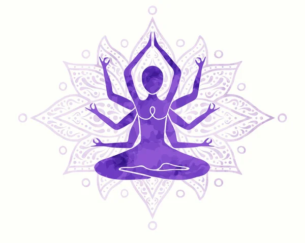 Frauenkörper Macht Lotus Yoga Pose Meditation Mit Bunten Aquarell Textur — Stockvektor