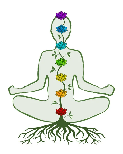 Colorful Chakra Icon Set Lotus Flowers Body Silhouette Doing Yoga — Stock Vector