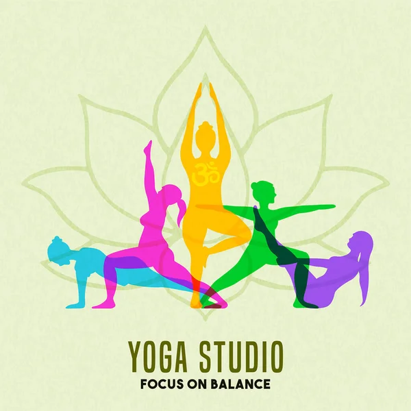 Yoga Studio Illustration Von Menschen Übungs Gruppe Tun Meditation Pose — Stockvektor