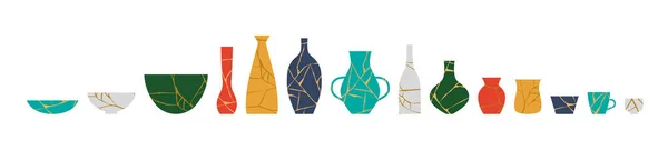 Conjunto Ícones Decoração Cerâmica Cerâmica Kintsugi Vaso Cultura Tradicional Japonesa — Vetor de Stock