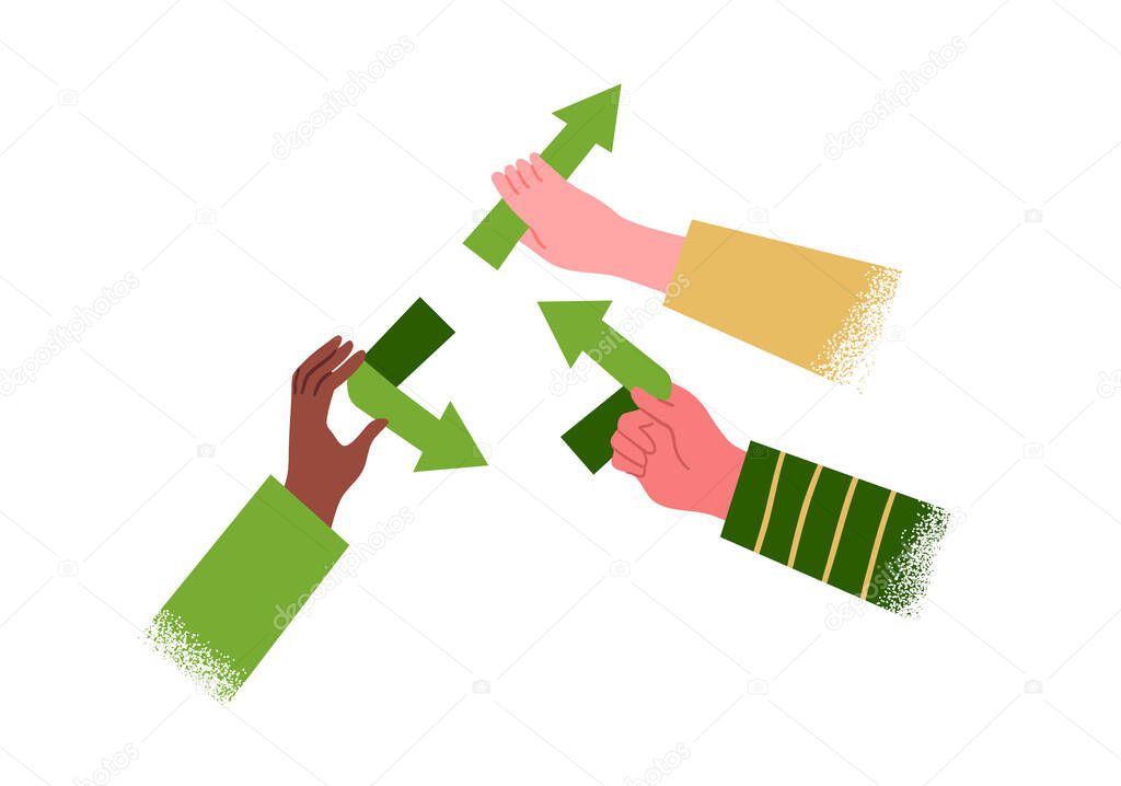 Upcycling ecology care illustration concept. Diverse young people team holding green upcycle arrow sign together on isolated white background. 