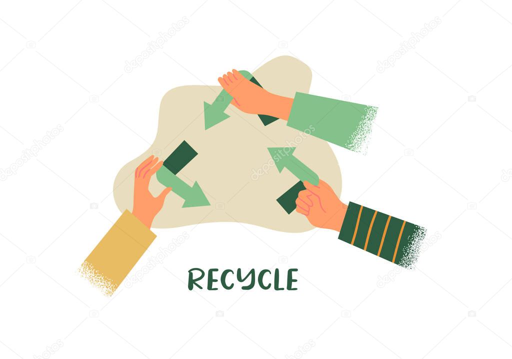 Recycling eco friendly illustration concept. Young people team holding green recycle arrow sign together on isolated white background. 