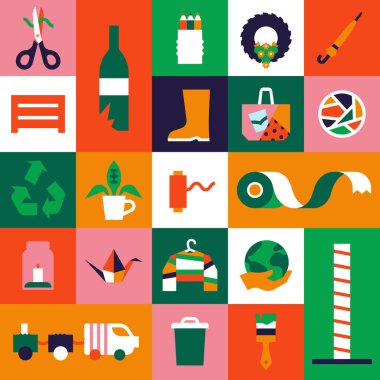 Upcycle çevre dostu çizgi film kusursuz desen çizimi. Geri dönüştürülmüş DIY ev nesneleri, yeşil gezegen ve ok sembollü modern düz geometrik simge.