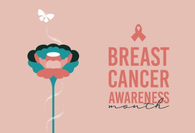 Meme kanseri farkındalığı ayı kampanya illüstrasyonu, üzerinde güzel bahar çiçekleri ve kelebek uçuşları olan pembe kurdele alıntısı. Dayanışma ve hastalıkların önlenmesi için moda kadın sağlık hizmetleri tasarımı.