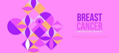 Meme kanseri farkındalığı ayı web şablonu modern pembe kurdele sembolü ve soyut geometrik çiçek dekorasyonu. Ekim ayı için kadın sağlık hizmetleri tasarımı.