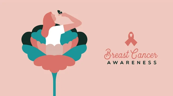 유방암 인식의 분홍색 나비가 아름다운 여성의 모습을 유방암 종이다 행사에 — 스톡 벡터