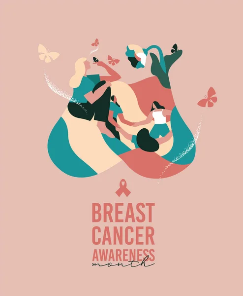 Bröstcancer Medvetenhet Månad Gratulationskort Illustration Vackra Kvinna Vän Grupp Tillsammans — Stock vektor