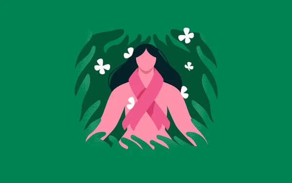 Выжившая Раке Молочной Железы Женщина Зеленом Лесу Листьев Природы Белой — стоковый вектор