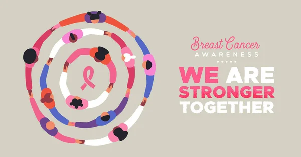Bröstcancer Medvetenhet Månad Gratulationskort Illustration Rosa Människor Grupp Hålla Händerna — Stock vektor