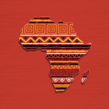 Afrika kıtasının haritası, geleneksel Afrika kültür dekorasyonundan ve izole edilmiş arka planda renkli kabile sanat dokusundan oluşan illüstrasyon kavramı..