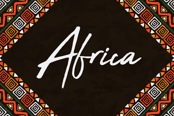 Africa text quote background illustration concept. Colorful hand drawn tribal art with traditional african culture decoration and continent map.