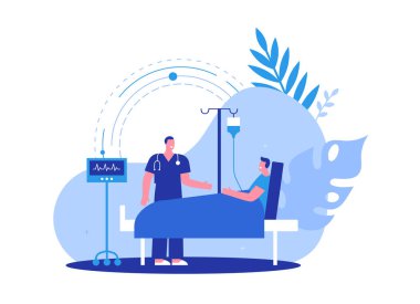 Modern düz çizgi film tarzında tıbbi bakım illüstrasyon kavramı. İyileşme tedavisi yapan mutlu bir hasta ya da hastane yatağında yatan bir ameliyat hazırlığı..