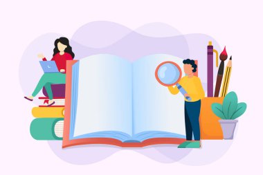 Genç bir erkek ve kadın karakter takımı açık kitap, düz çizgi film illüstrasyonu okuyor. İzole edilmiş beyaz altyapıya ilişkin okul eğitimi veya çalışma grubu kavramı.