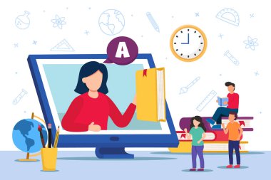 Çevrimiçi bilgisayar sınıfında öğretmenle birlikte kitap okuyan çeşitli öğrenci grupları, düz çizgi film çizimleri. E-öğrenme veya uzaktan eğitim kavramı. 