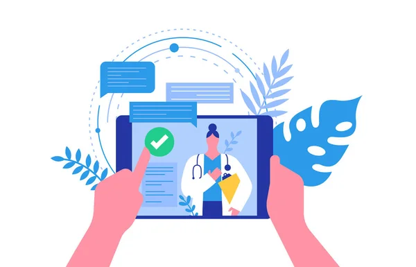 タブレットデバイスの画面を保持患者の手と現代の医師の相談オンラインアプリ 隔離されたバックグラウンドで自宅からの医療試験ビデオ通話または病院の予約 — ストックベクタ