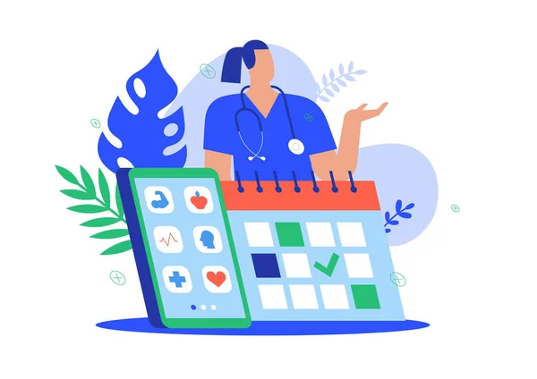 オンライン医師相談イラストコンセプト 医療アプリや病院の予約や健康診断のためのカレンダーとスマートフォンの近代的なフラット医療漫画隔離された背景に日付 — ストックベクタ