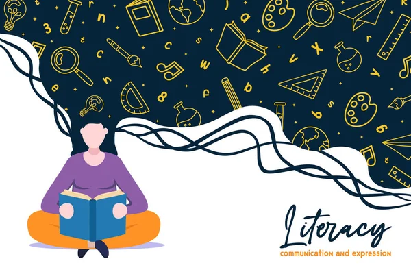 Literacia Cartão Ilustração Personagem Jovem Estudante Leitura Livro Com Ícones —  Vetores de Stock